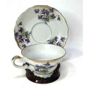 VINTAGE Cup & Saucer Set Porcelain Rose Interior‎ Plain Exterior Unmarked gold